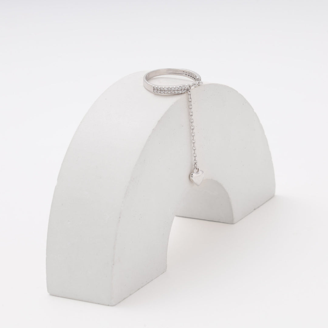 Silver 925 CZ Ring with Dangling Chain and Heart Charm | Ukrainian Jewelry