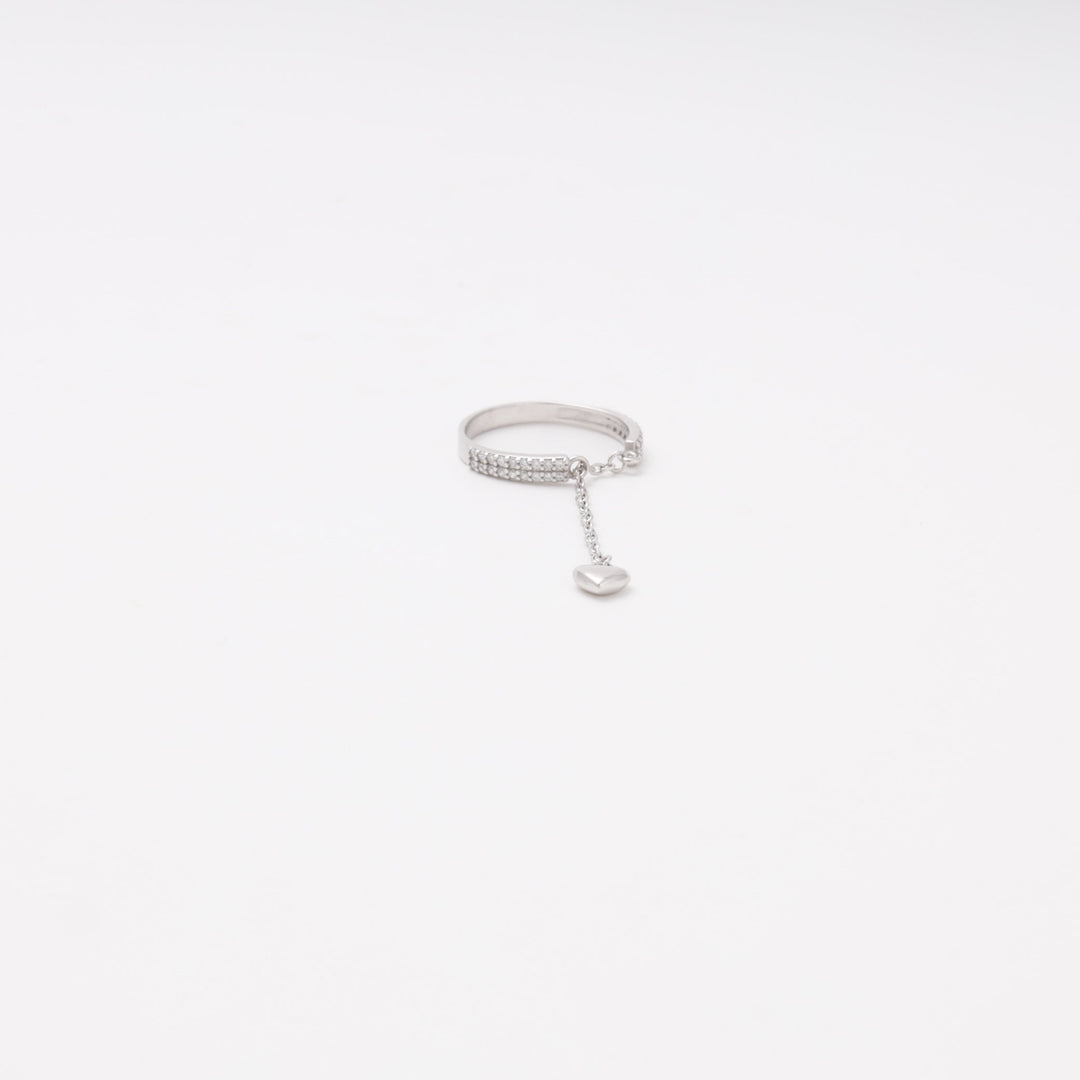 Silver 925 CZ Ring with Dangling Chain and Heart Charm | Ukrainian Jewelry