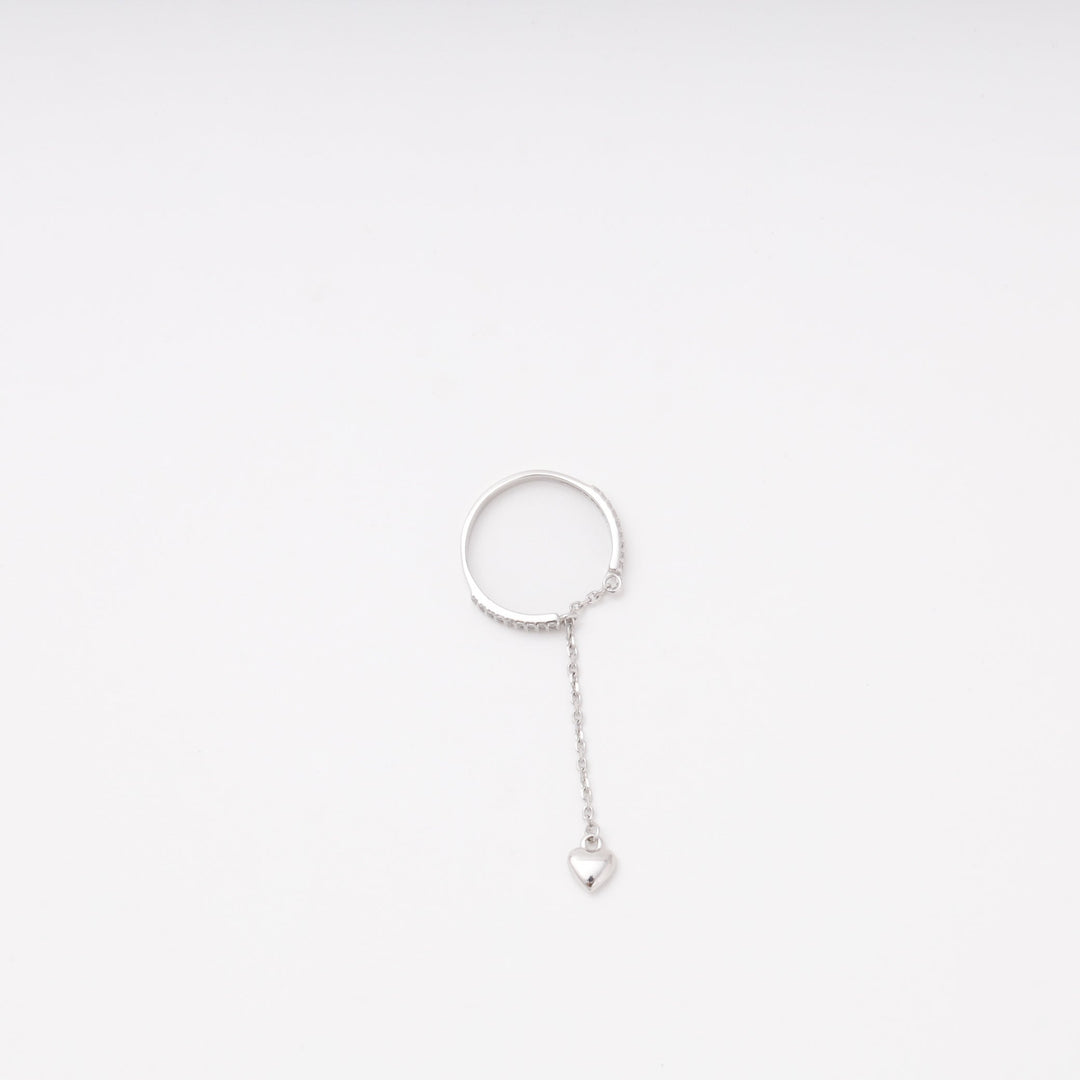Silver 925 CZ Ring with Dangling Chain and Heart Charm | Ukrainian Jewelry