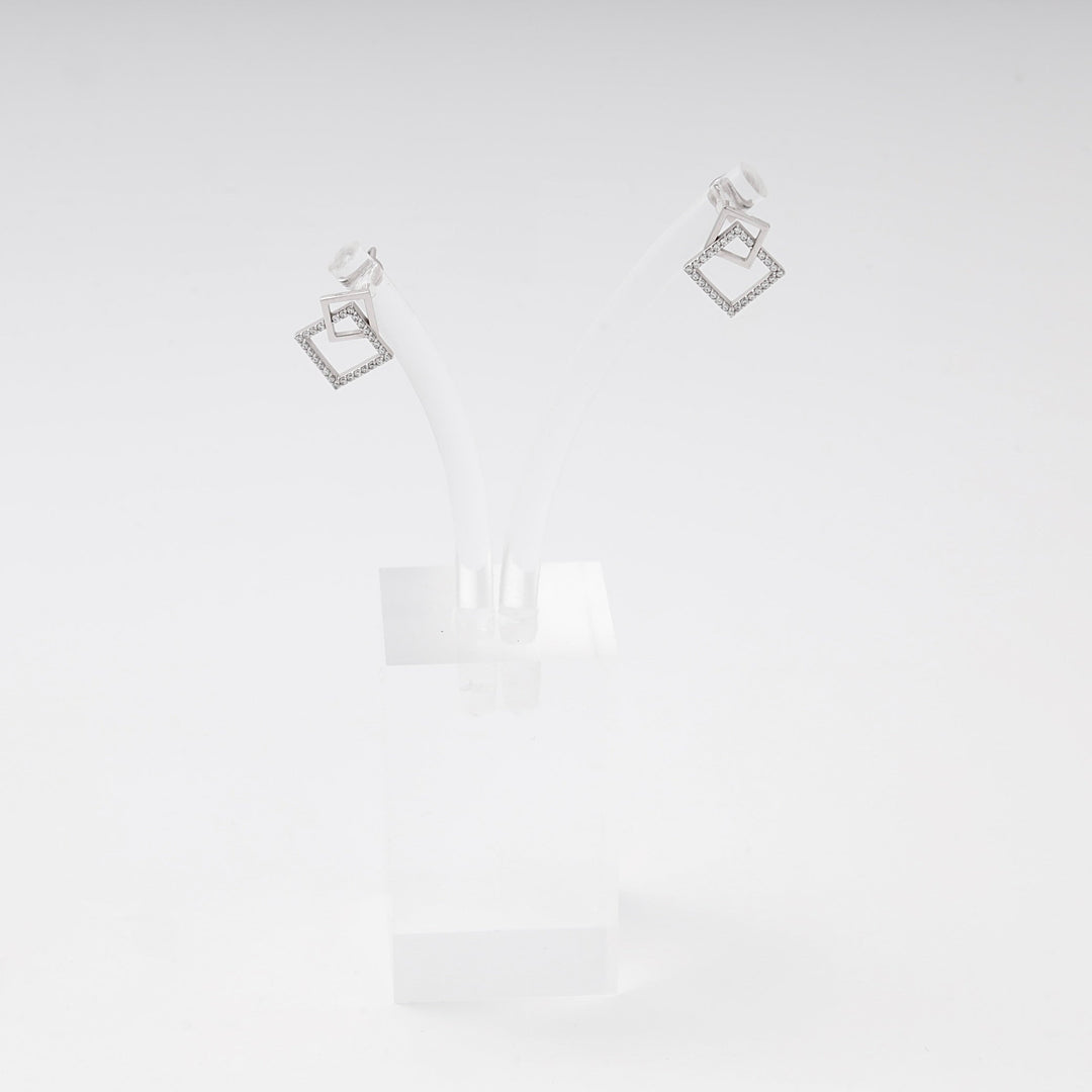 White Gold 585 Double Square Stud Earrings with CZ | Ukrainian Jewelry