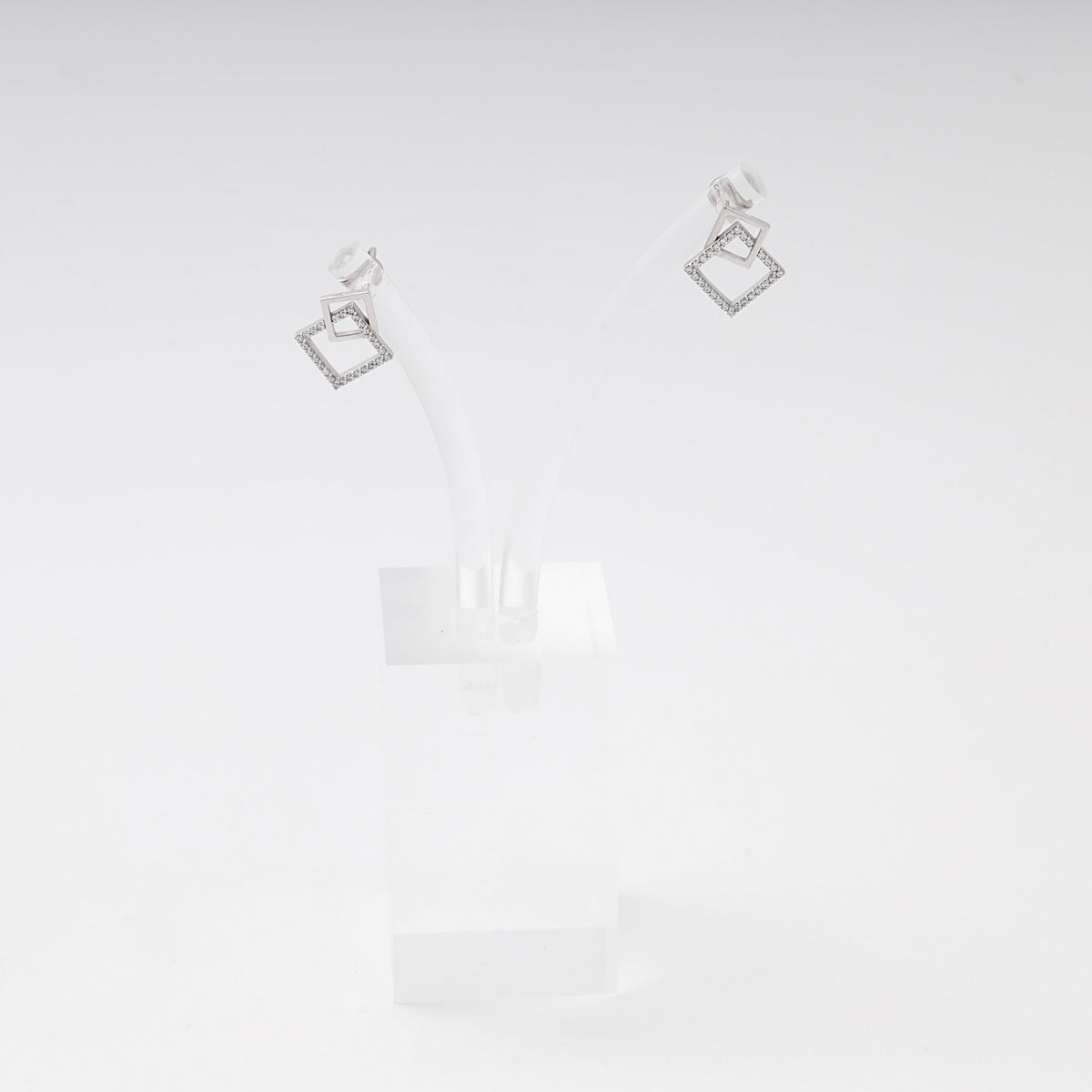White Gold 585 Double Square Stud Earrings with CZ | Ukrainian Jewelry