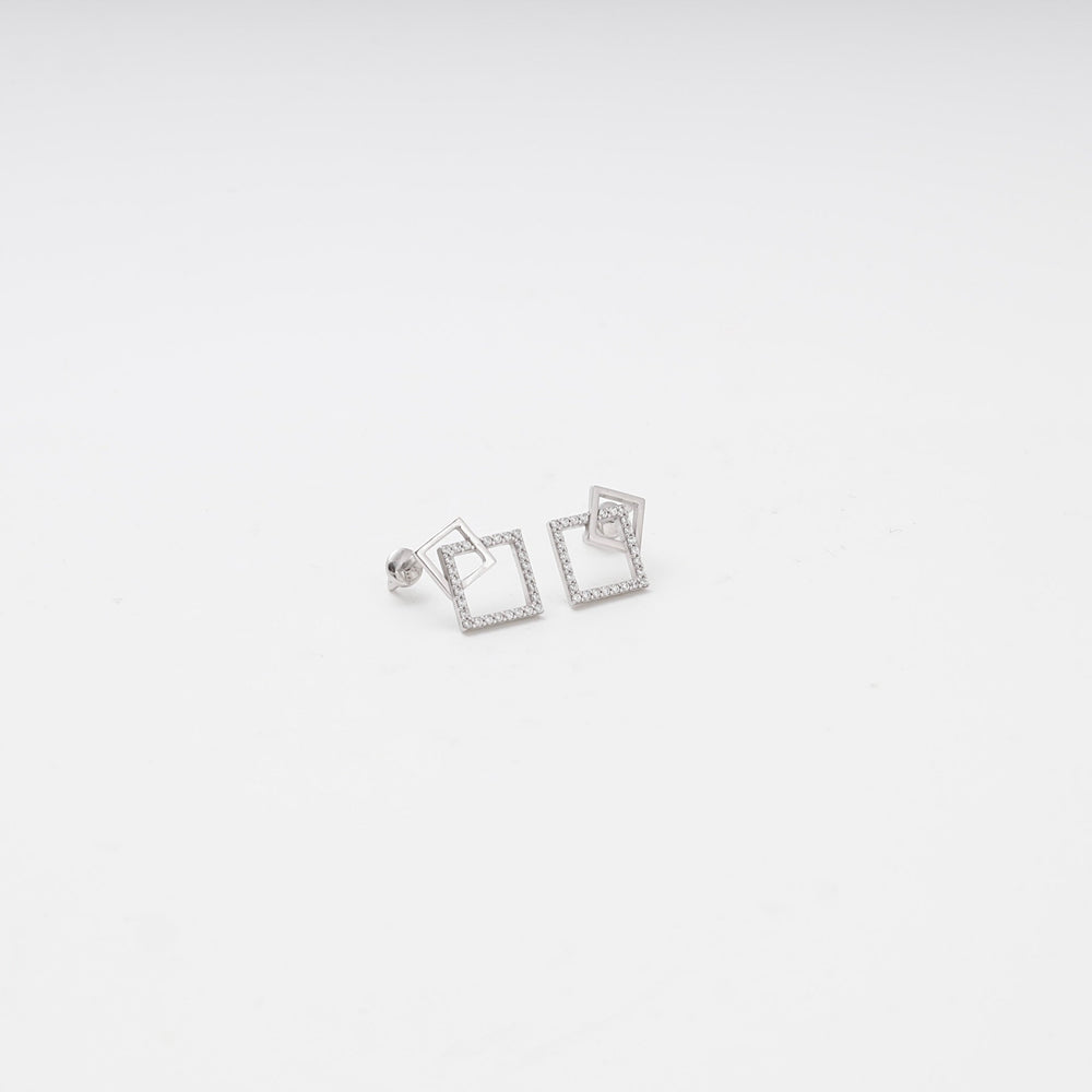 White Gold 585 Double Square Stud Earrings with CZ | Ukrainian Jewelry