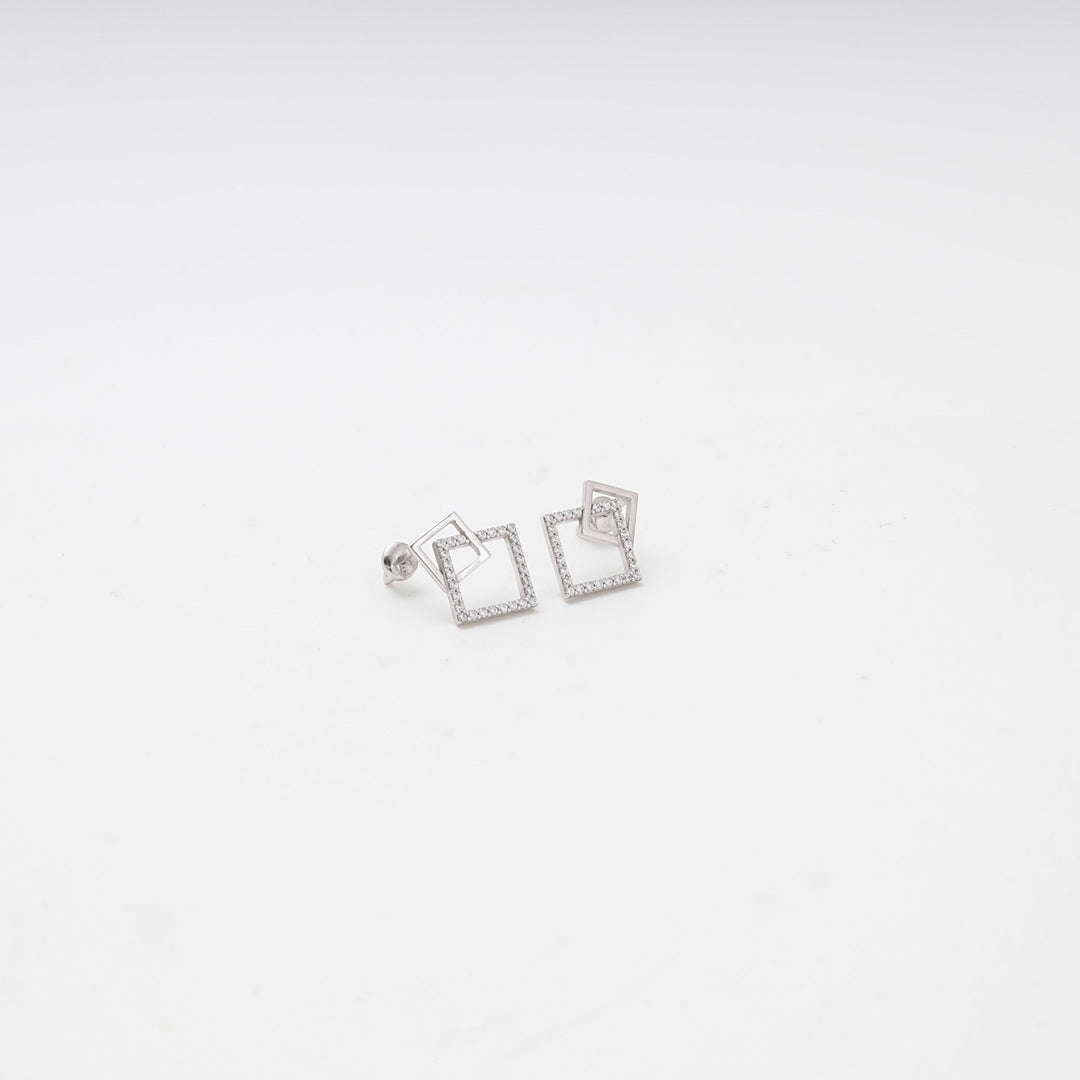 White Gold 585 Double Square Stud Earrings with CZ | Ukrainian Jewelry