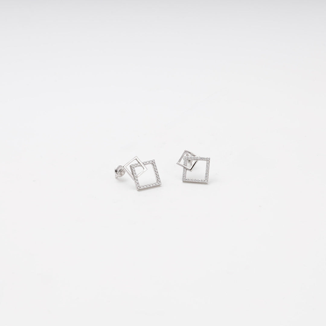 White Gold 585 Double Square Stud Earrings with CZ | Ukrainian Jewelry