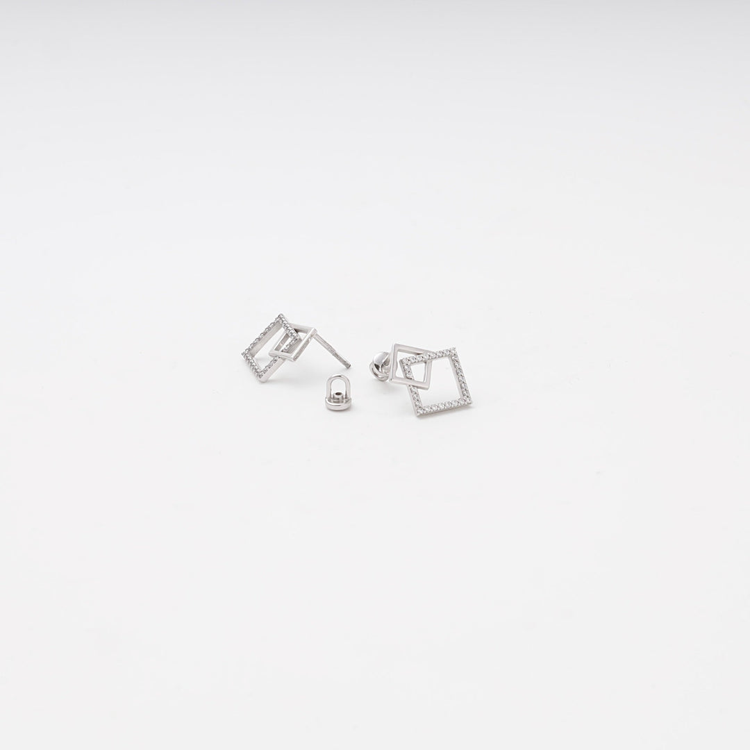 White Gold 585 Double Square Stud Earrings with CZ | Ukrainian Jewelry