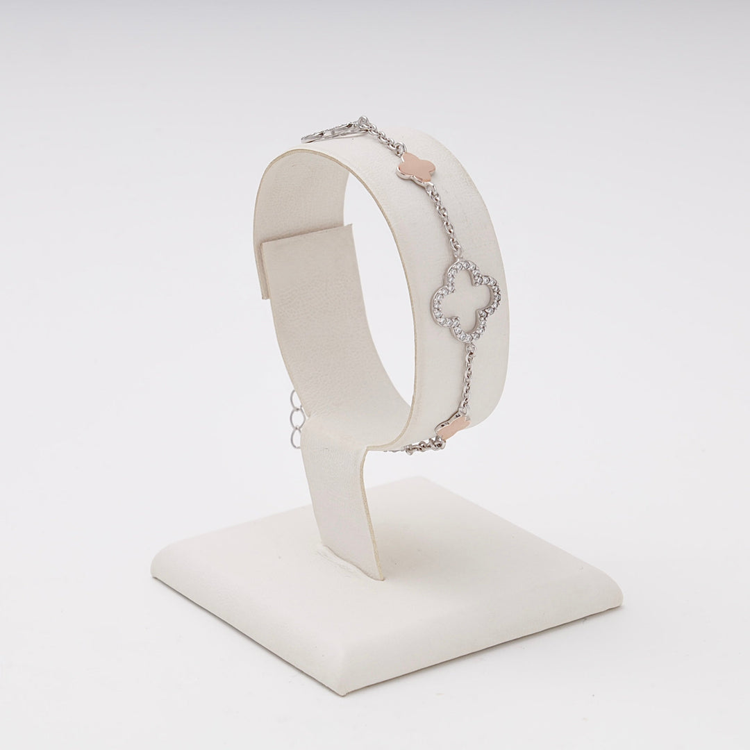 Silver 925 Station Bracelet with CZ Clover and Rose Gold Charms | Ukrainian Jewelry