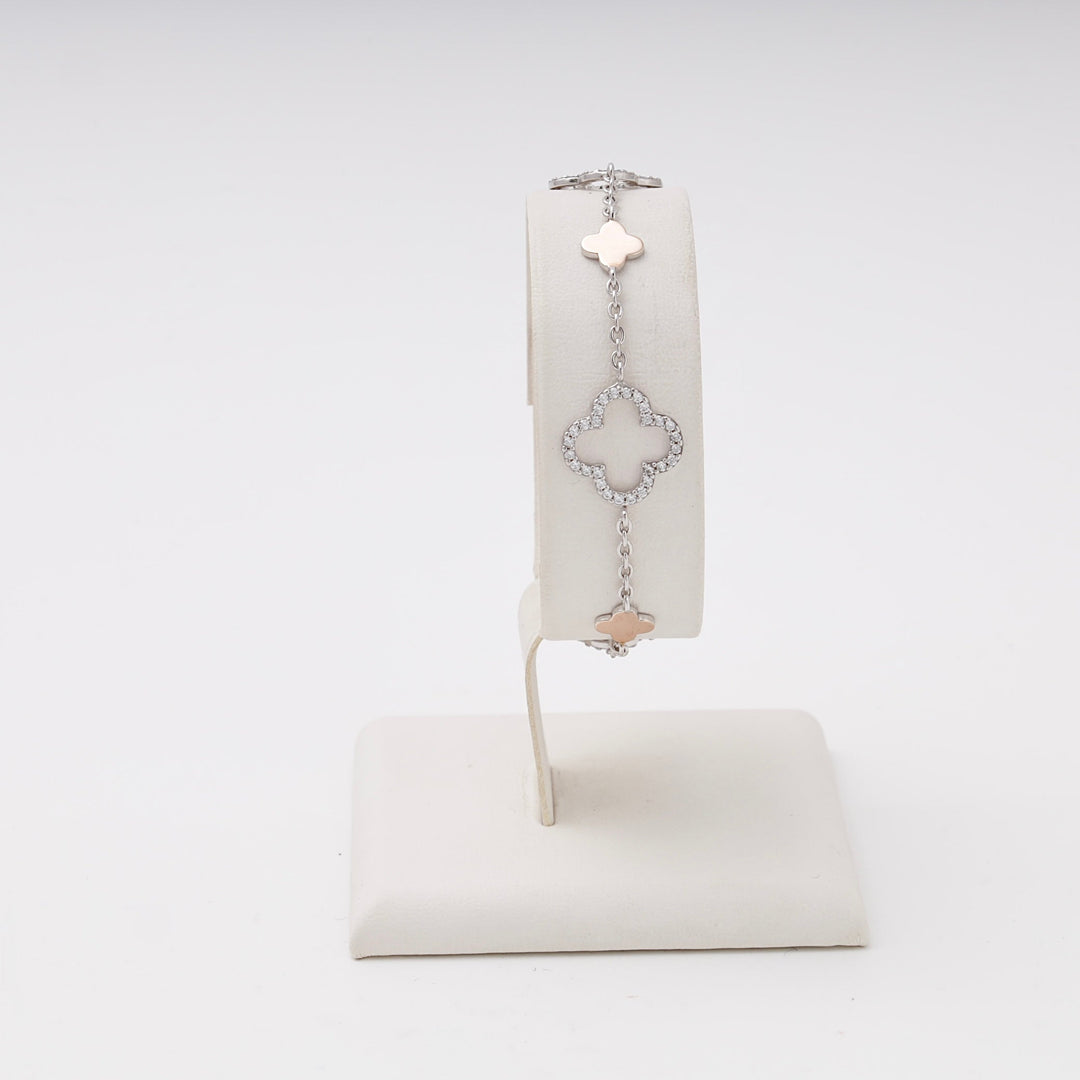 Silver 925 Station Bracelet with CZ Clover and Rose Gold Charms | Ukrainian Jewelry