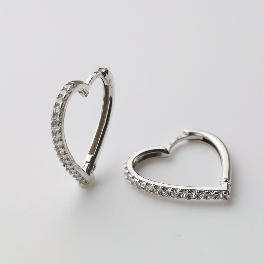 Silver 925 Heart Huggie Earrings with Cubic Zirconia | Ukrainian Jewelry