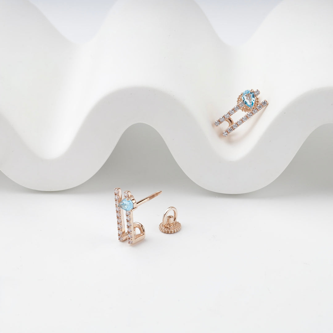 Geometric Stud Earrings with Blue Topaz | 14K Rose Gold (585) — back view
