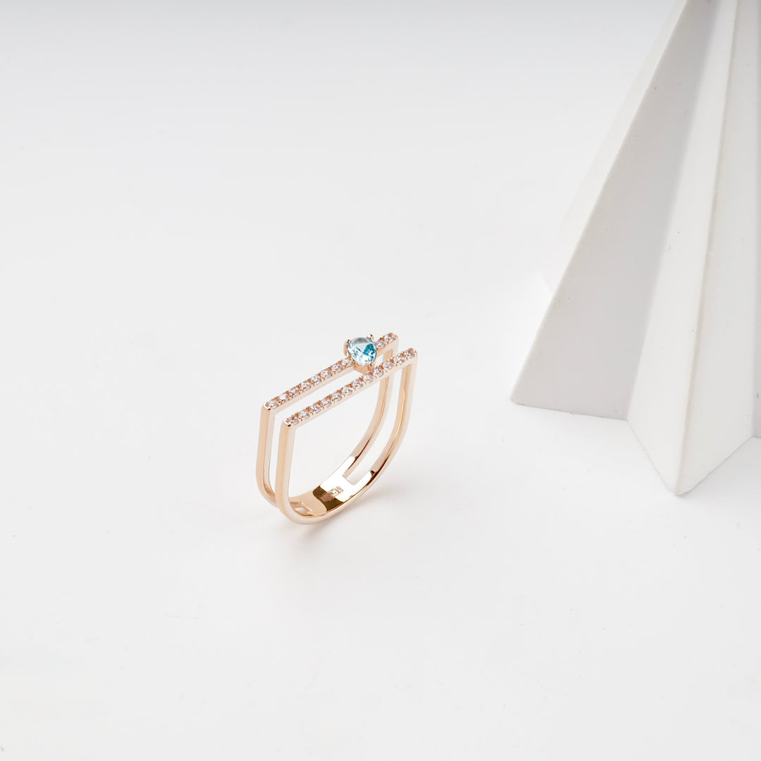 Open Ring with Blue Topaz and Cubic Zirconia | 14K Rose Gold (585) — front view