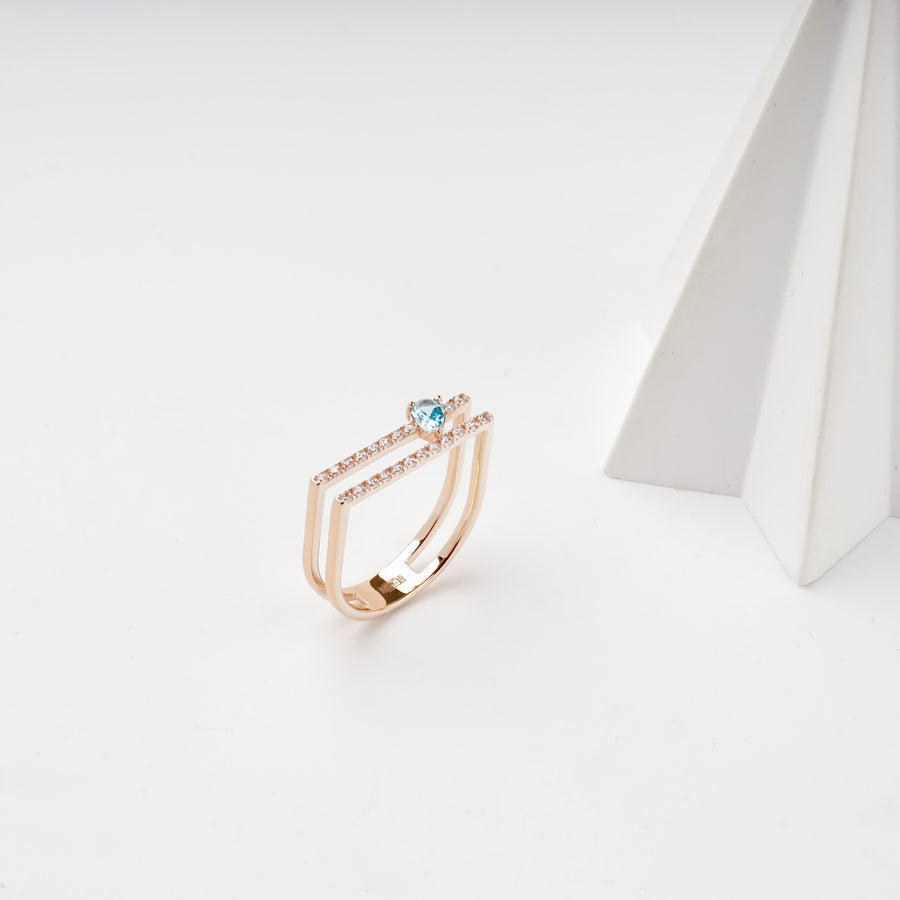 Open Ring with Blue Topaz and Cubic Zirconia | 14K Rose Gold (585) — front view
