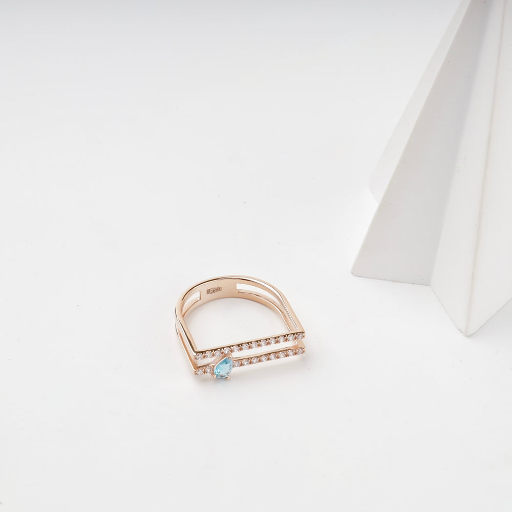 Open Ring with Blue Topaz and Cubic Zirconia | 14K Rose Gold (585) — angled view