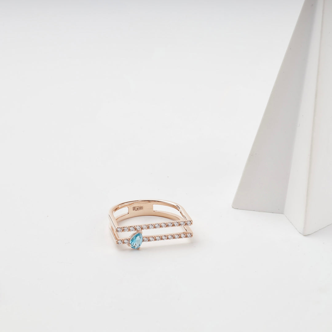 Open Ring with Blue Topaz and Cubic Zirconia | 14K Rose Gold (585) — side view