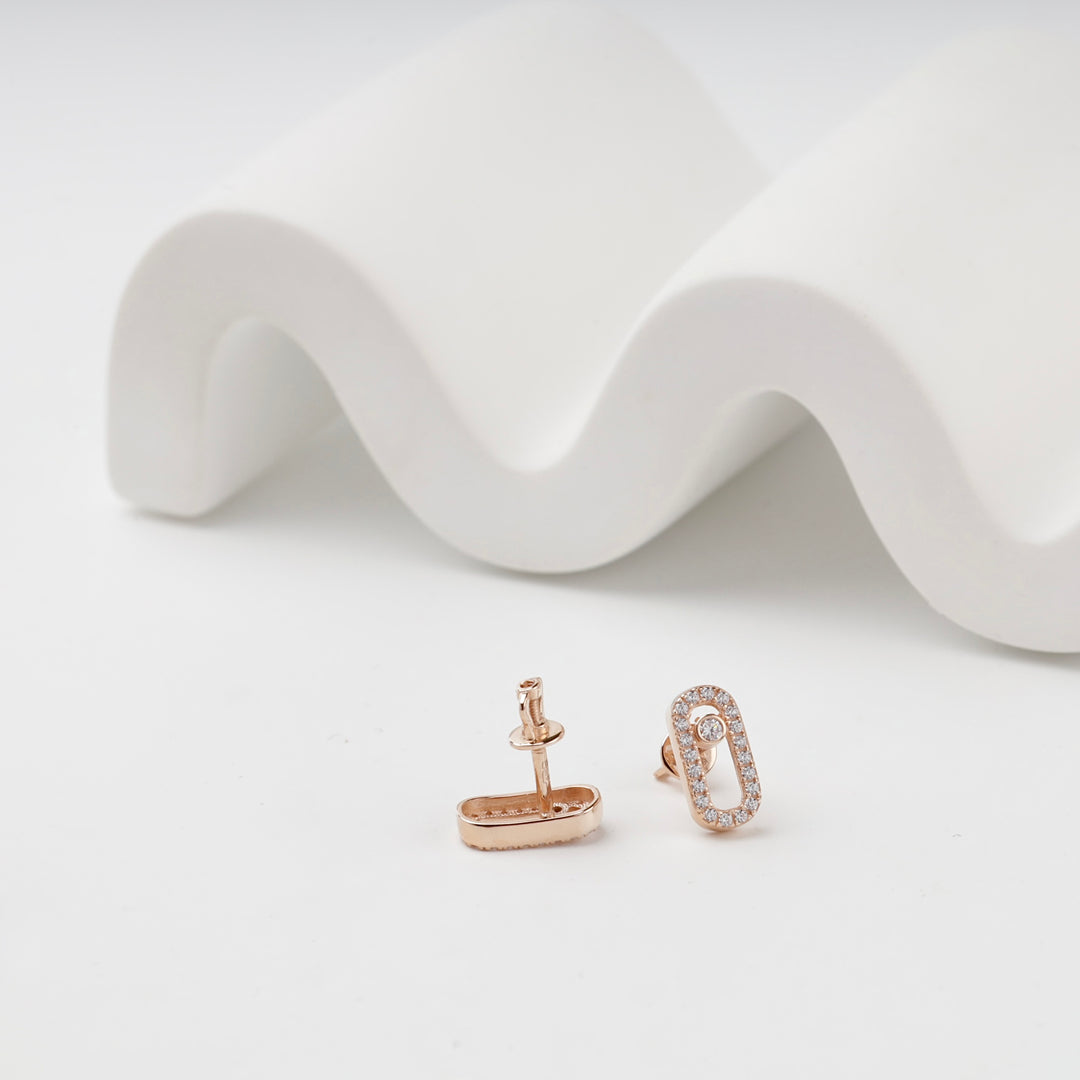Geometric Link Stud Earrings with Cubic Zirconia | 14K Rose Gold (585) — angled view