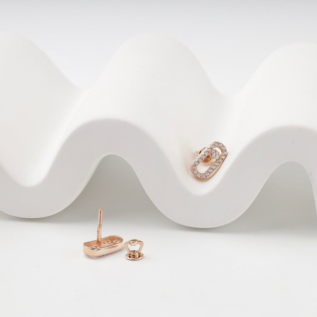 Geometric Link Stud Earrings with Cubic Zirconia | 14K Rose Gold (585) — side view