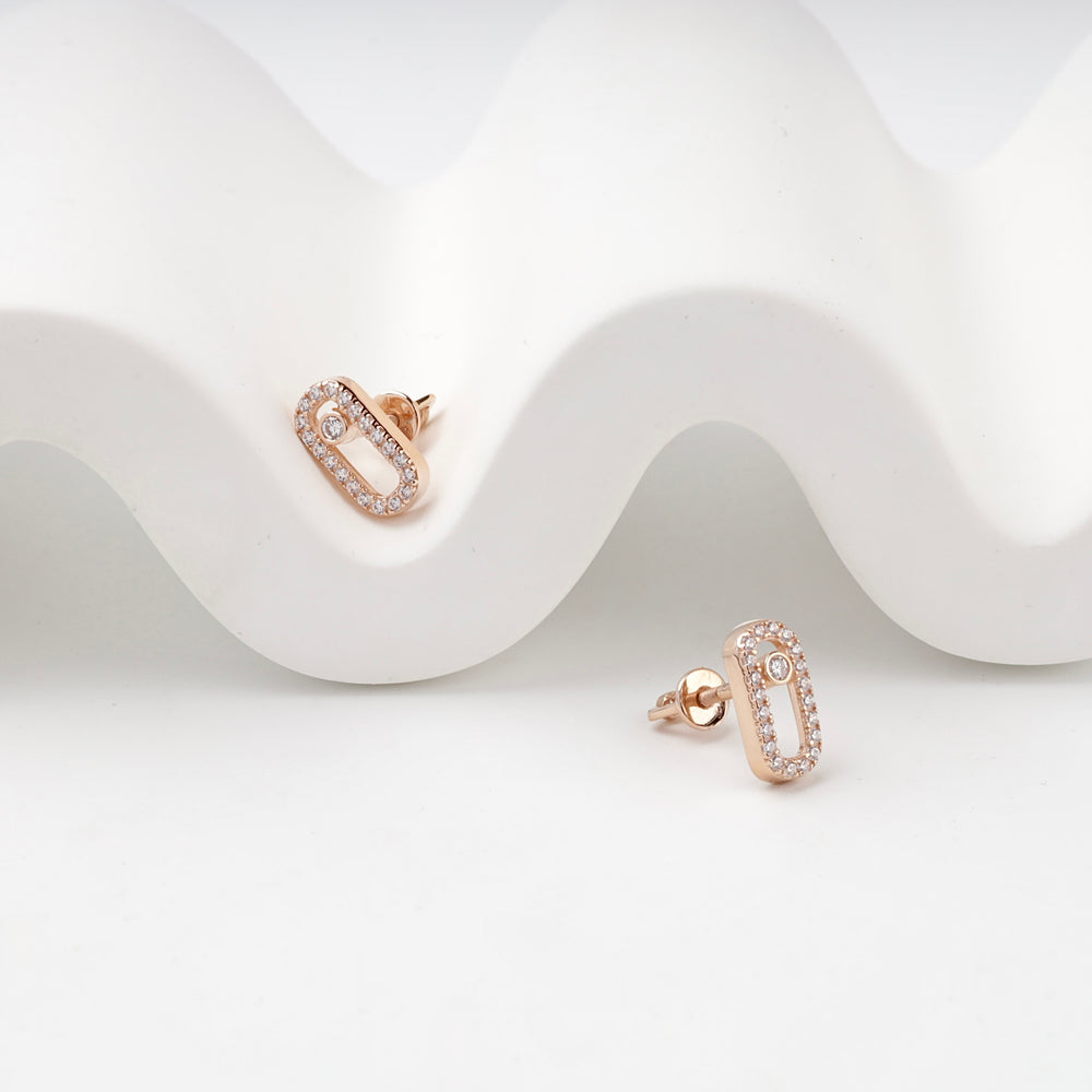 Geometric Link Stud Earrings with Cubic Zirconia | 14K Rose Gold (585) — detail view