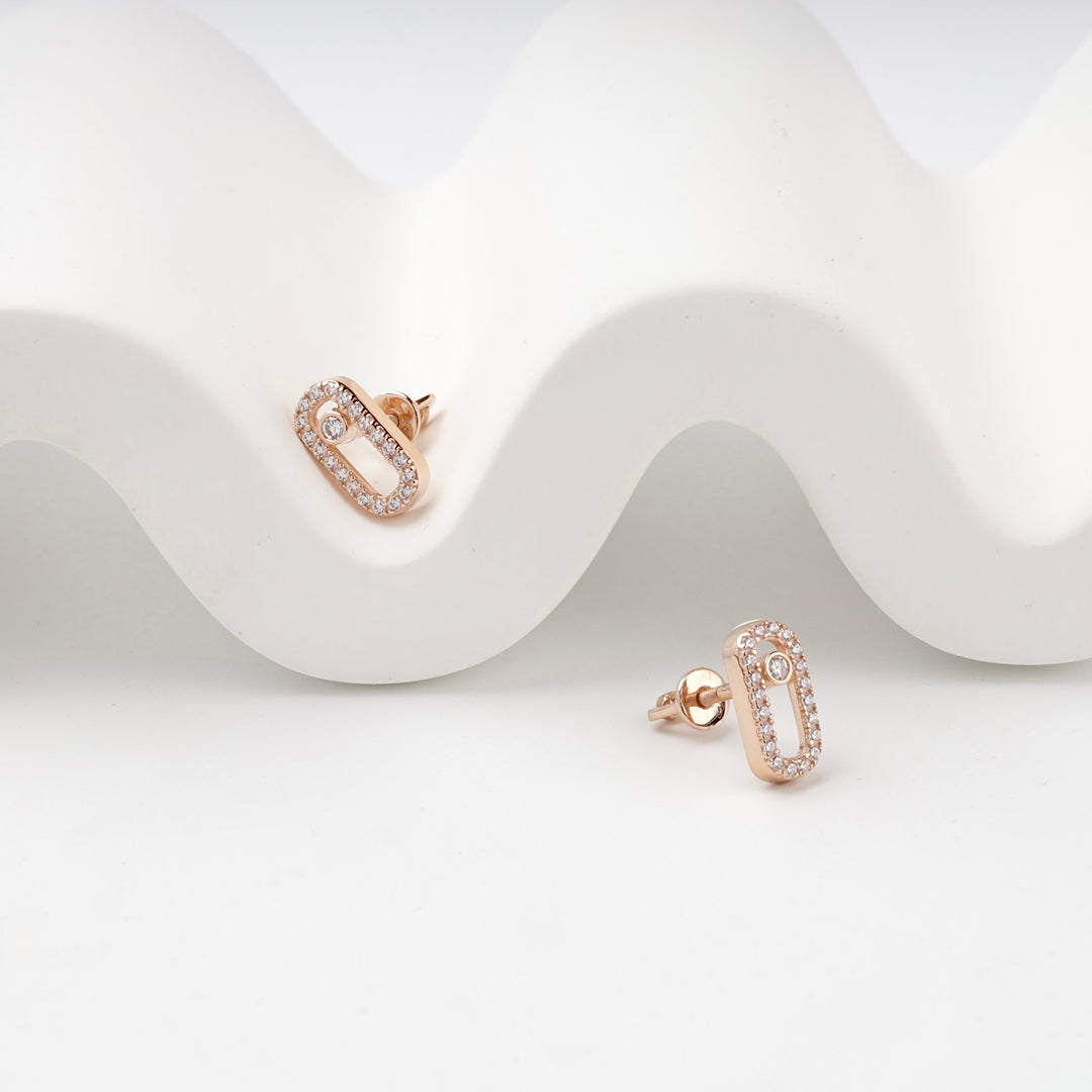 Geometric Link Stud Earrings with Cubic Zirconia | 14K Rose Gold (585) — detail view