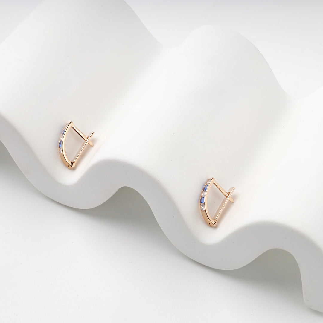 Blue Cubic Zirconia Bar Earrings | 14K Rose Gold (585) — angled view
