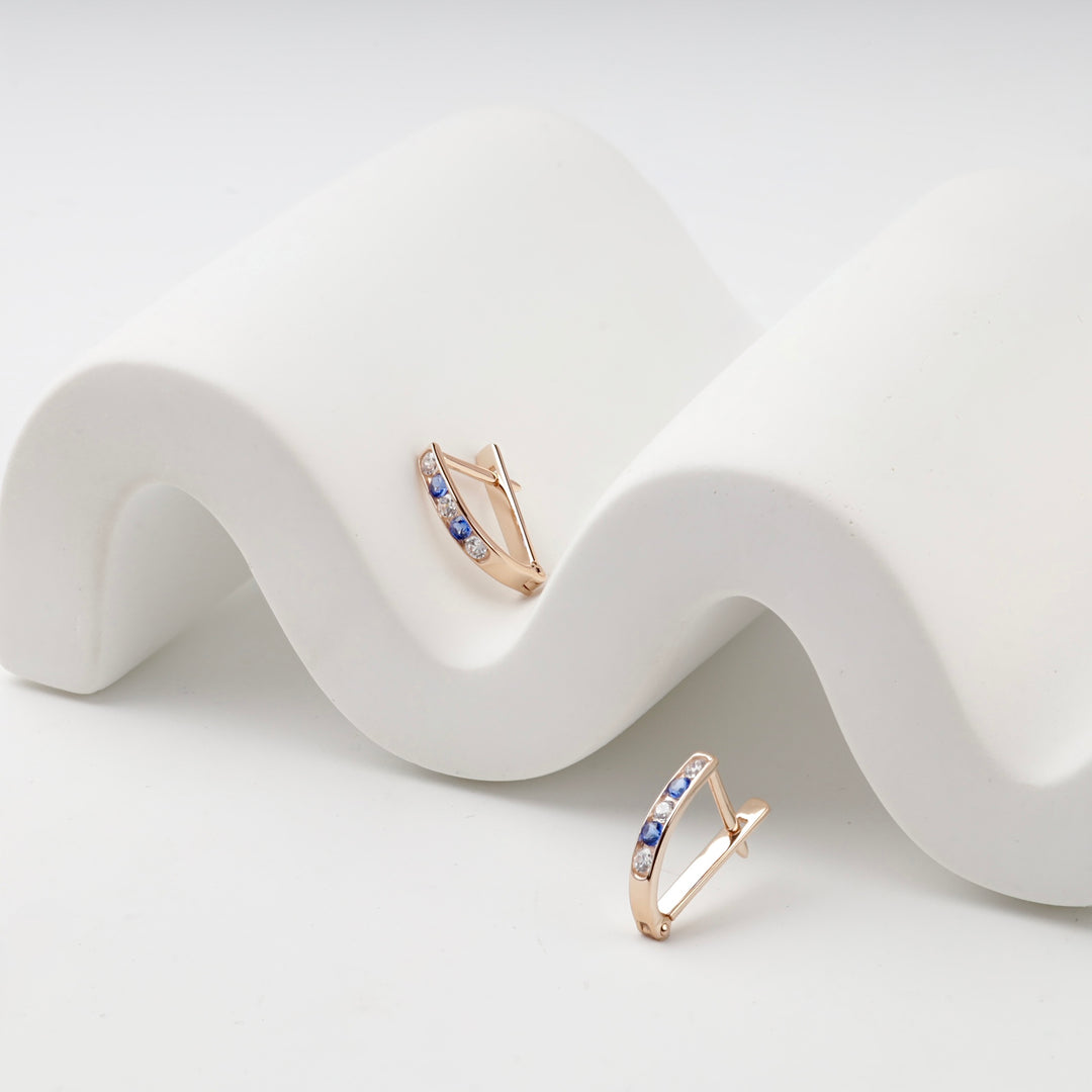 Blue Cubic Zirconia Bar Earrings | 14K Rose Gold (585) — side view