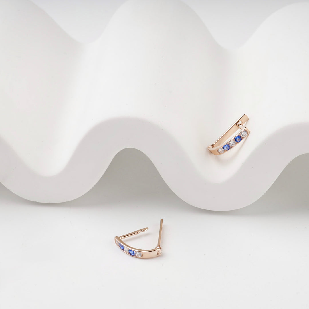 Blue Cubic Zirconia Bar Earrings | 14K Rose Gold (585) — back view