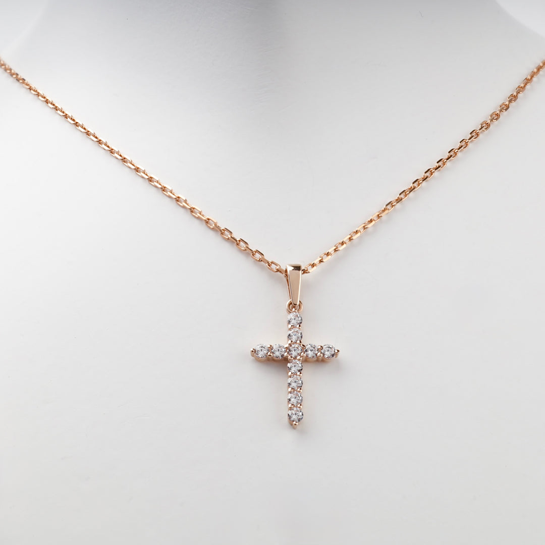 14K rose gold CZ cross pendant, close view