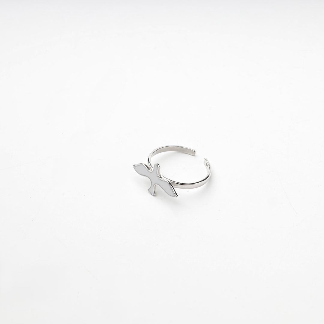 Silver 925 open band ring with a bird motif on a white background
