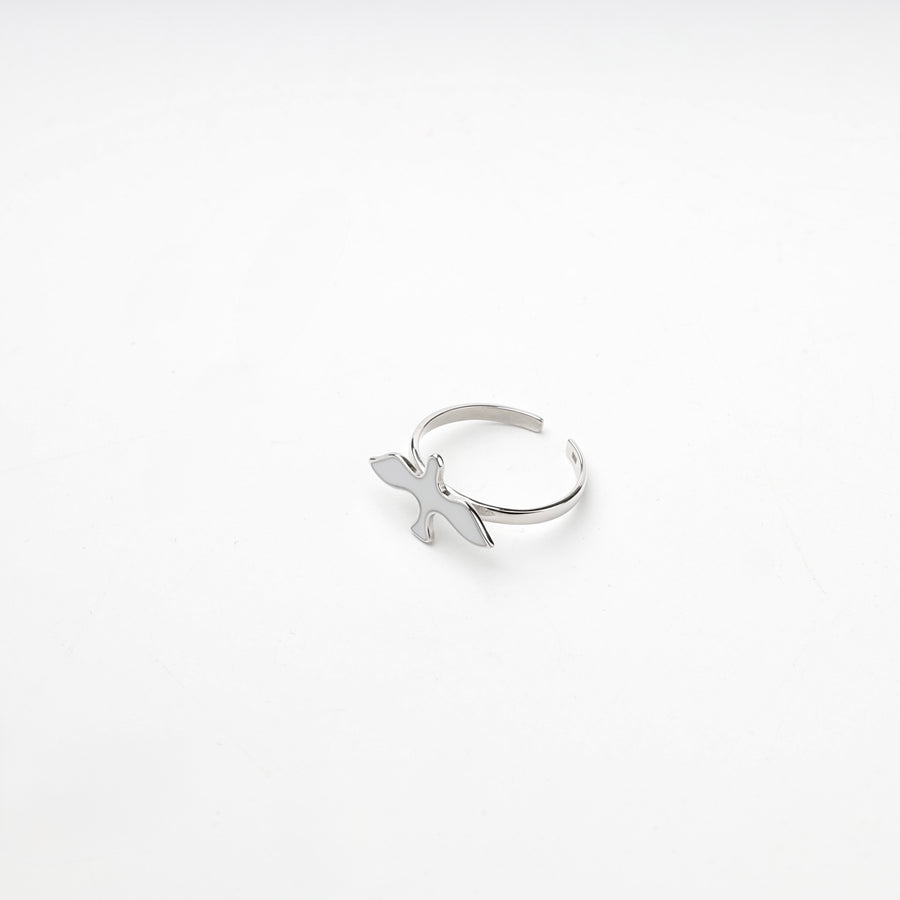 Silver 925 open band ring with a bird motif on a white background