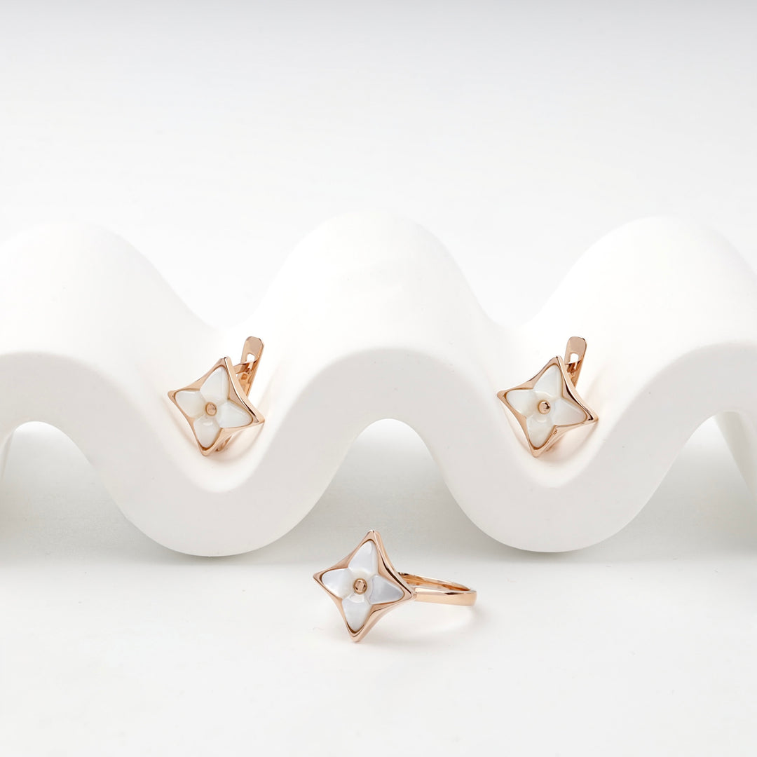 Rose gold star jewelry set — earrings and ring with mother of pearl