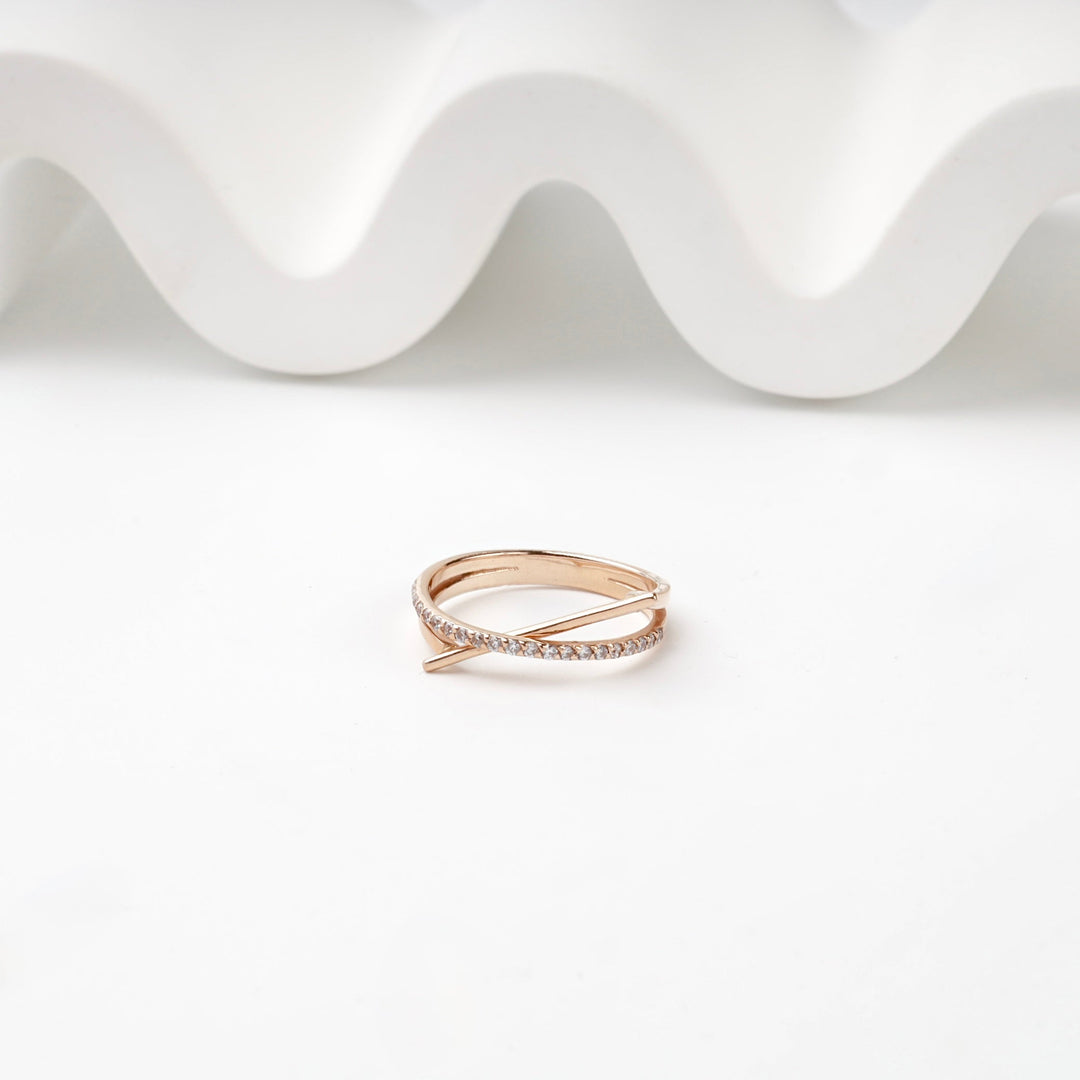 Rose Gold 14K (585) Cubic Zirconia Crossing Ring | Ukrainian Jewelry