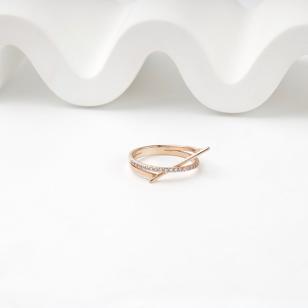 Rose Gold 14K (585) Cubic Zirconia Crossing Ring | Ukrainian Jewelry