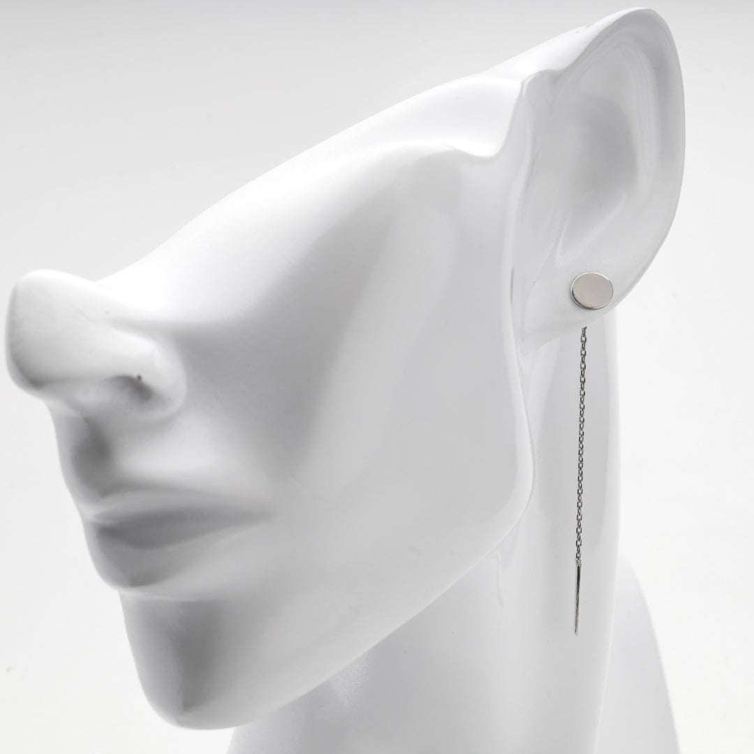 Silver 925 disc threader earring shown on a white mannequin