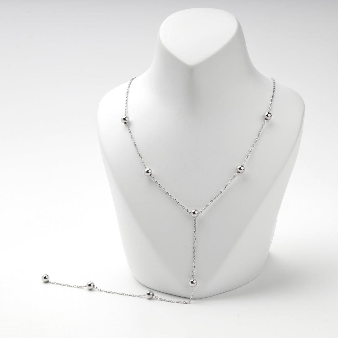 Full view of the silver 925 beaded Y necklace