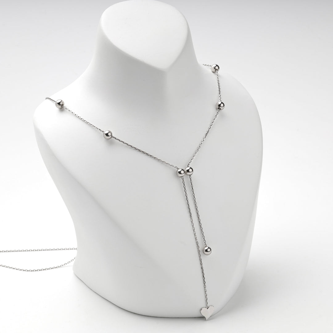 Silver 925 Y necklace with polished beads and a small heart at the end of the drop