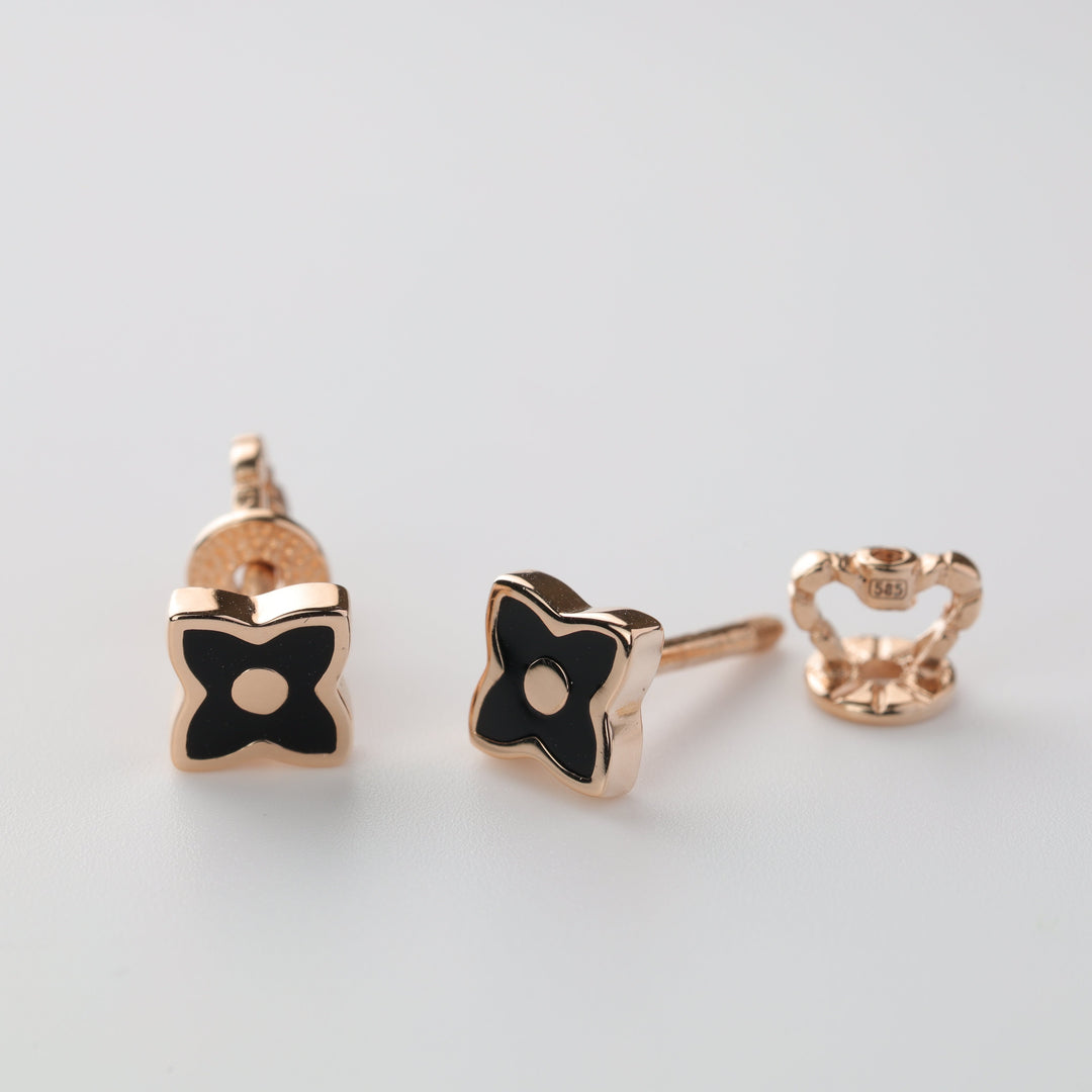 Four-Leaf Clover Stud Earrings 14K (585) Rose Gold with Black Enamel | Ukrainian Jewelry