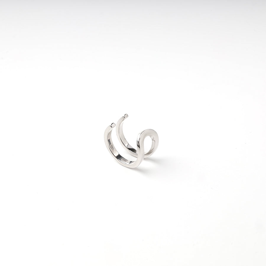 Silver 925 ear cuff with two parallel bands, angled view