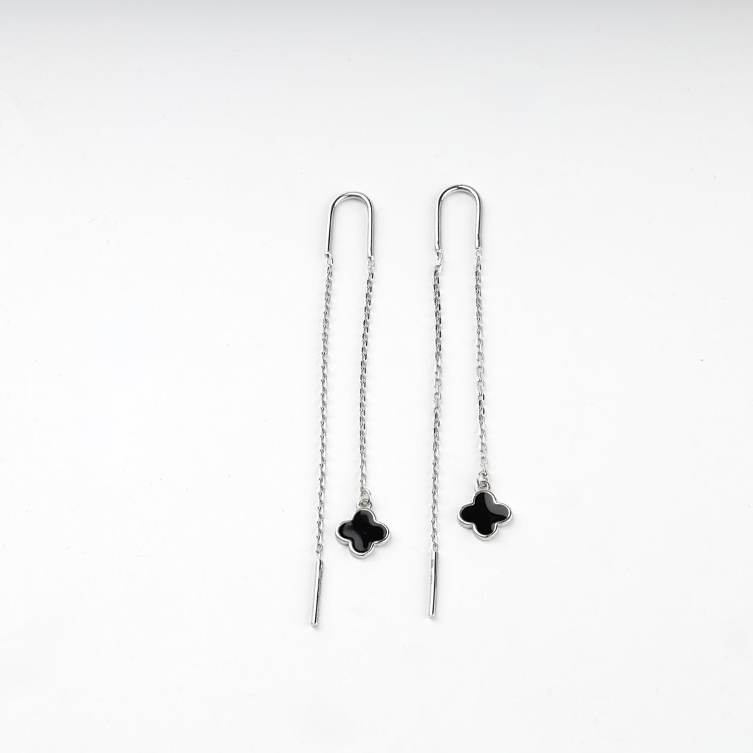 Pair of silver 925 threader earrings with black clover charms