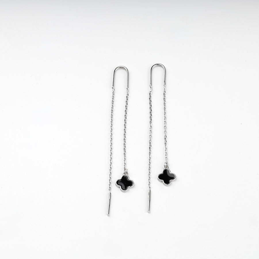 Pair of silver 925 threader earrings with black clover charms