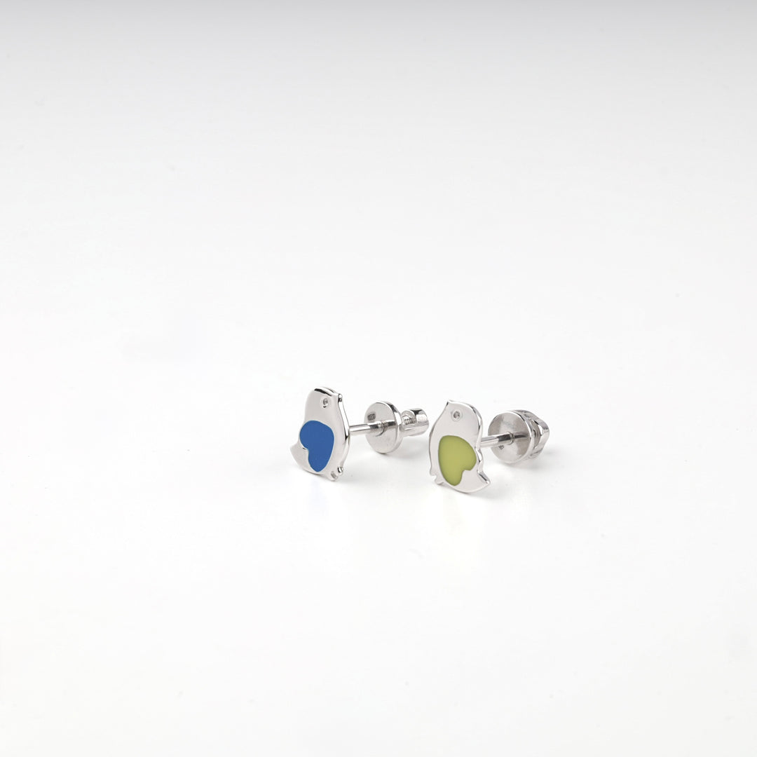 Pair of silver bird stud earrings side by side showing the posts and screw backs