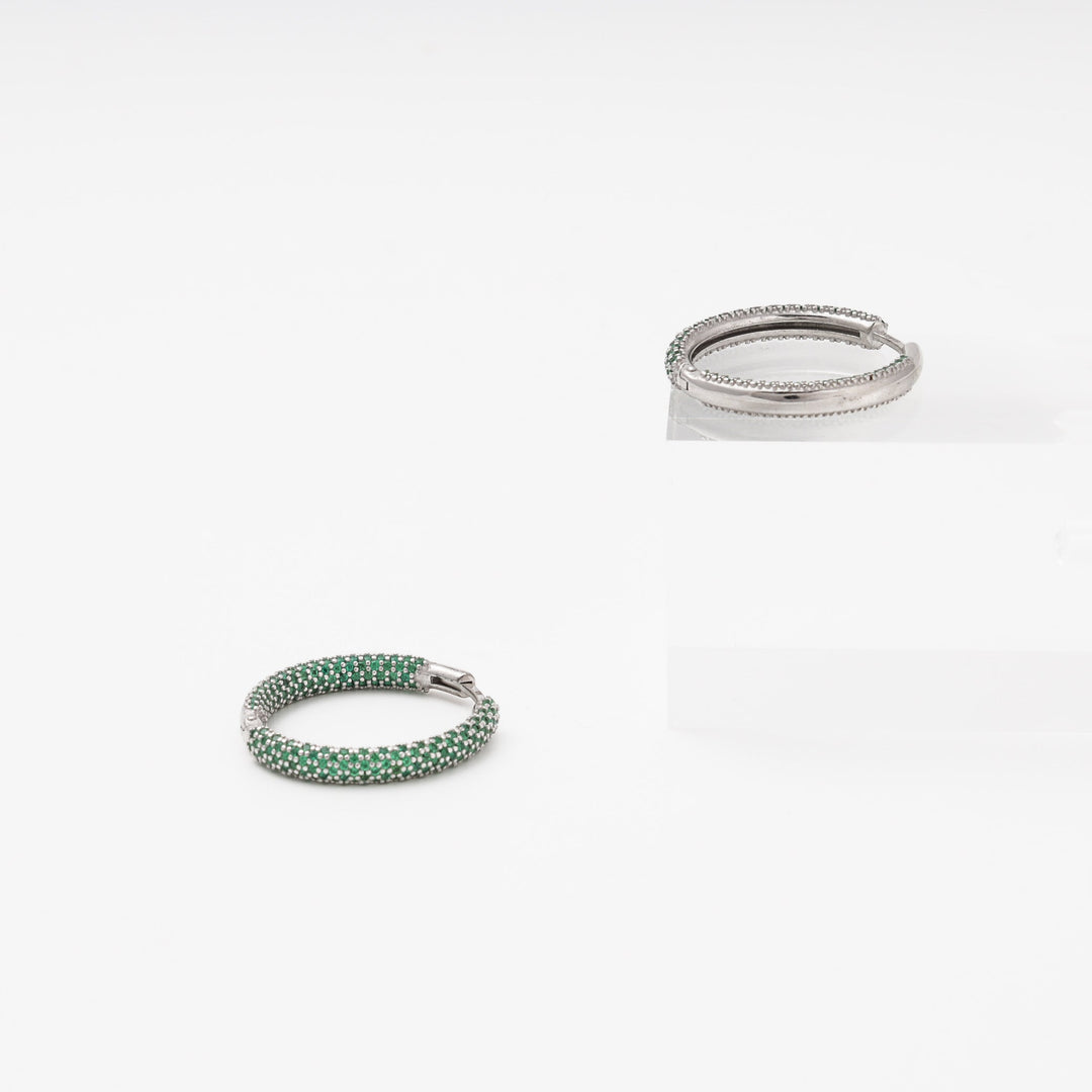Silver 925 Rhodium Large Hoop Earrings with Green CZ | Ukrainian Jewelry