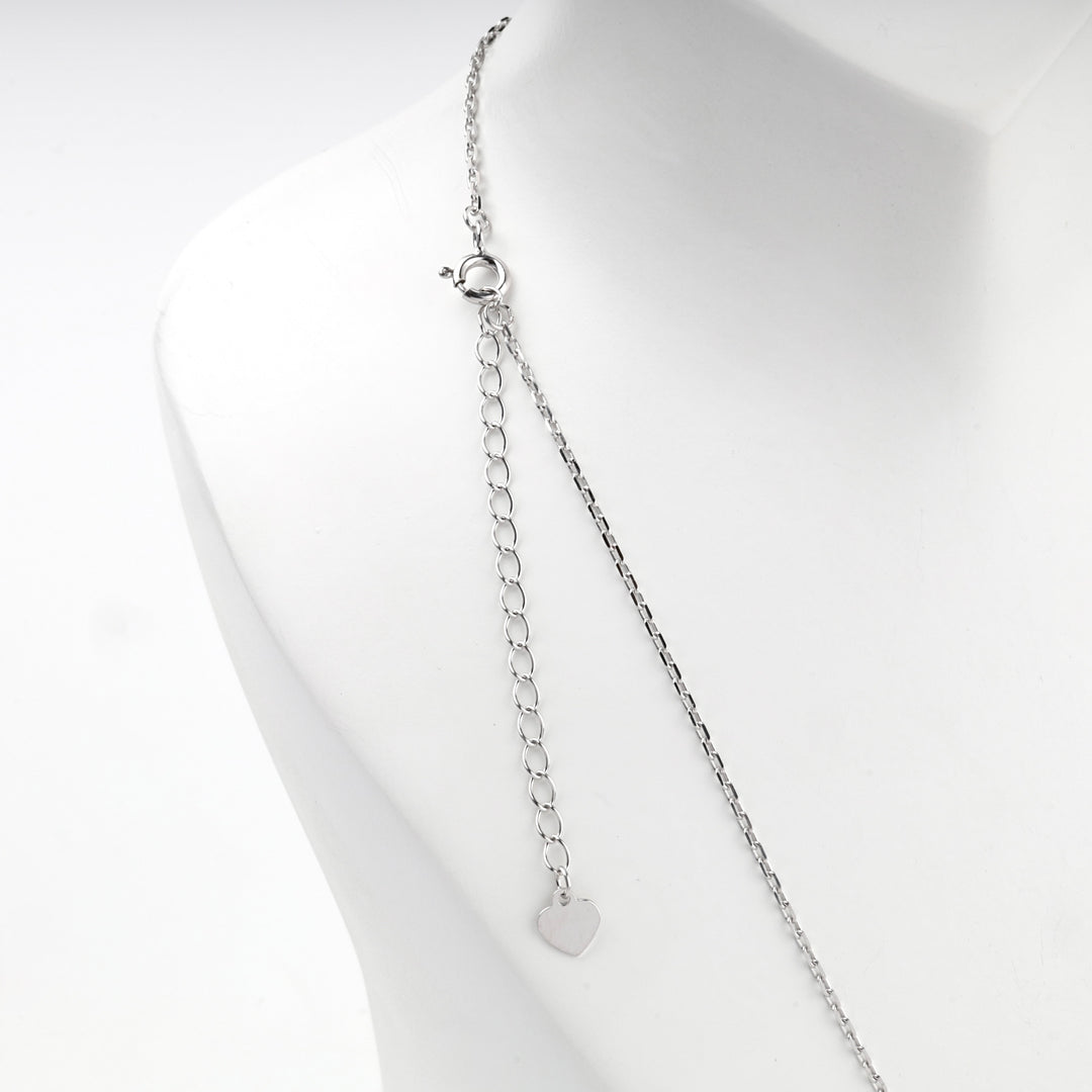 Spring ring clasp and extender chain with a heart tag on the silver 925 necklace