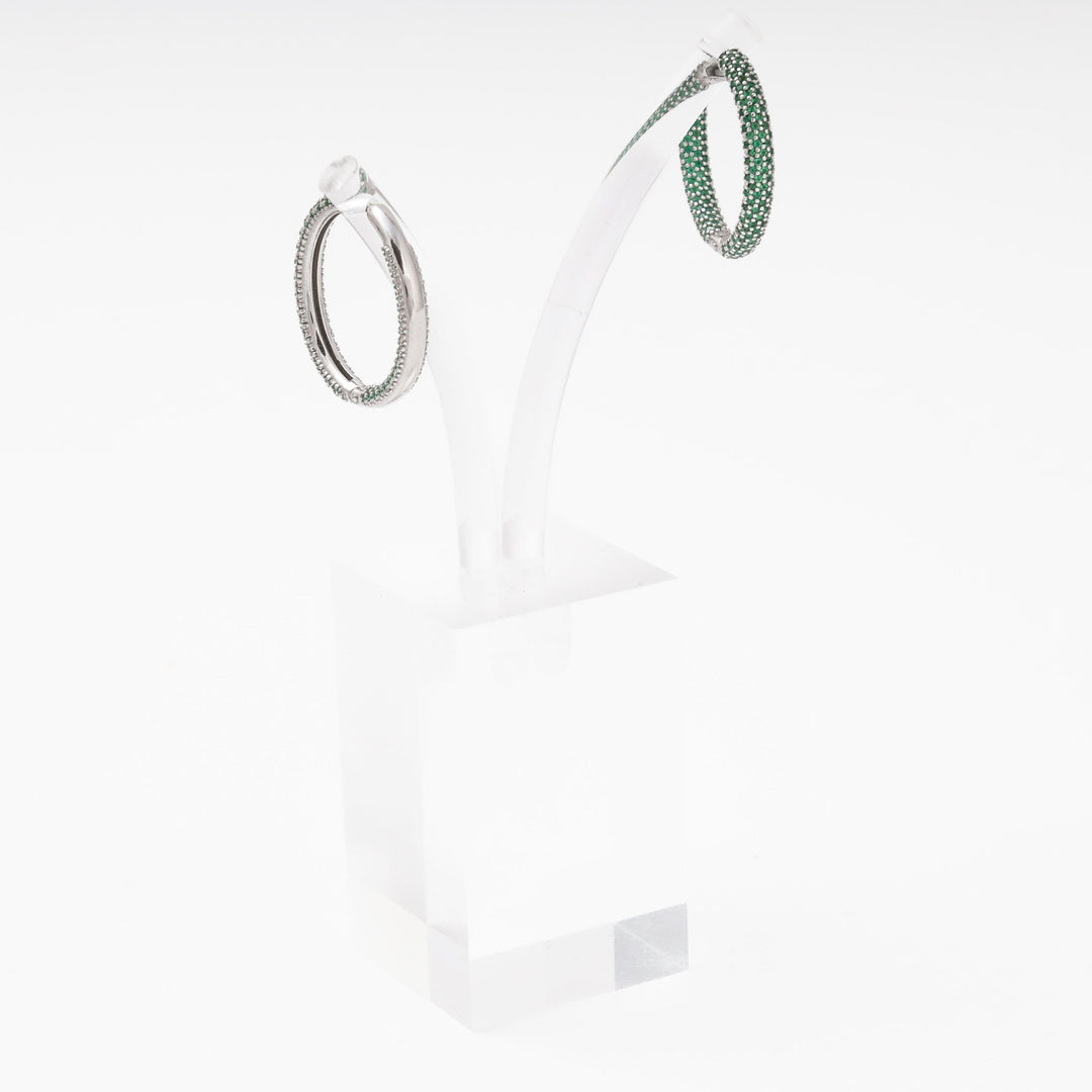 Silver 925 Rhodium Large Hoop Earrings with Green CZ | Ukrainian Jewelry