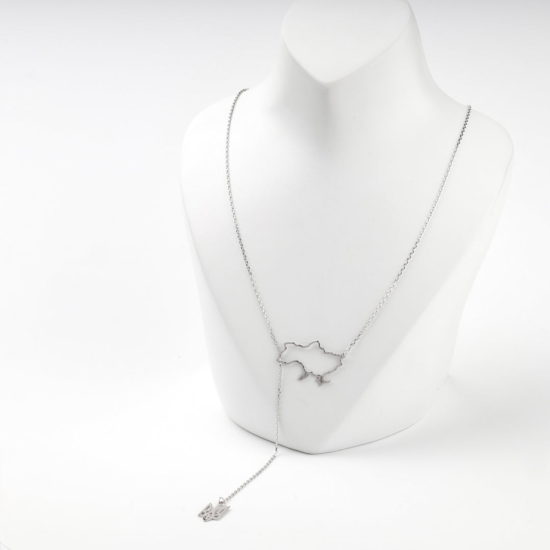 Silver 925 Y necklace with the outline of Ukraine on a white display bust