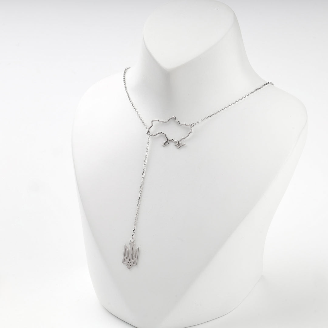 Ukraine map necklace on the bust with the trident hanging on the drop