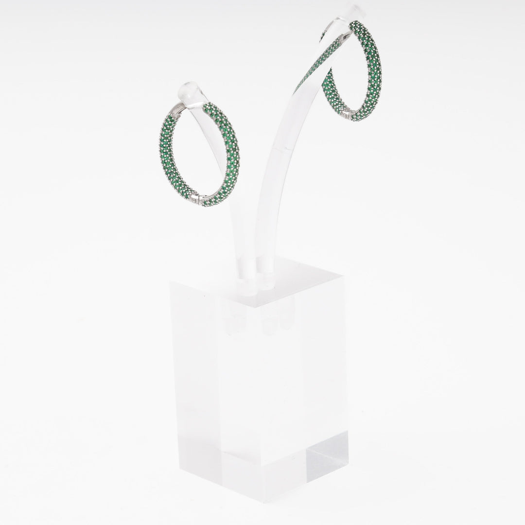 Silver 925 Rhodium Large Hoop Earrings with Green CZ | Ukrainian Jewelry