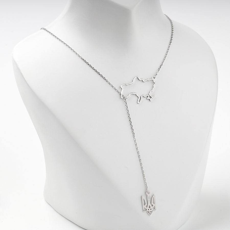 Front view of the Y necklace with the map of Ukraine and the trident drop