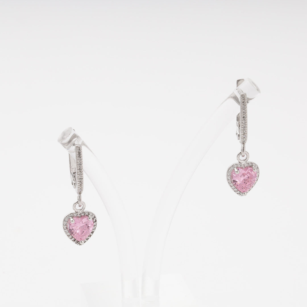 Silver 925 Drop Earrings with Pink CZ Heart Pendant | Ukrainian Jewelry
