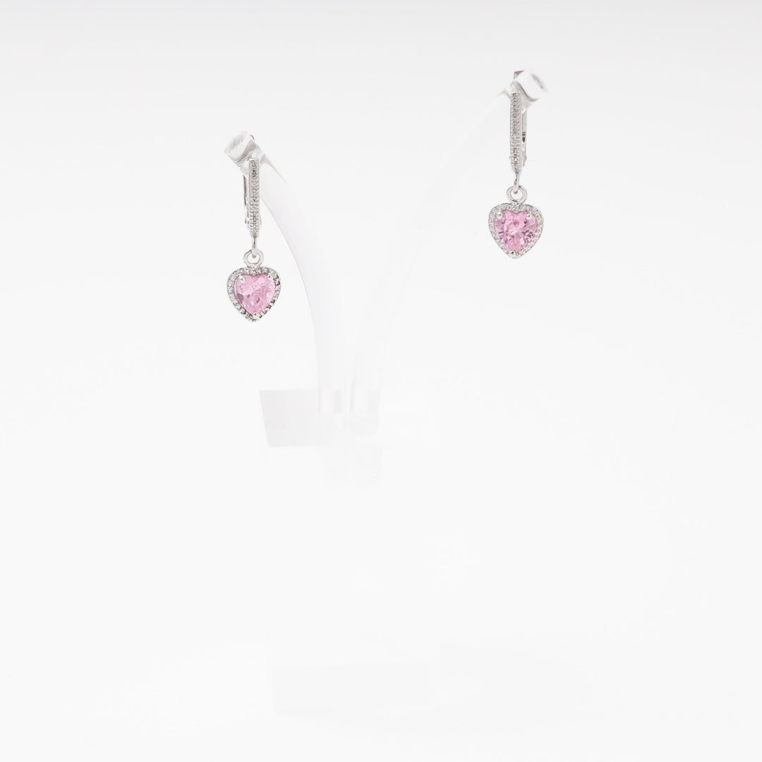 Silver 925 Drop Earrings with Pink CZ Heart Pendant | Ukrainian Jewelry