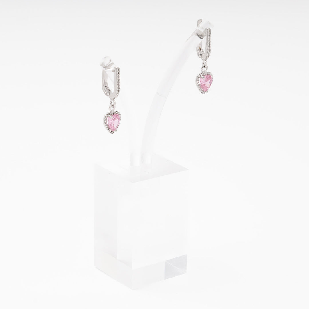 Silver 925 Drop Earrings with Pink CZ Heart Pendant | Ukrainian Jewelry