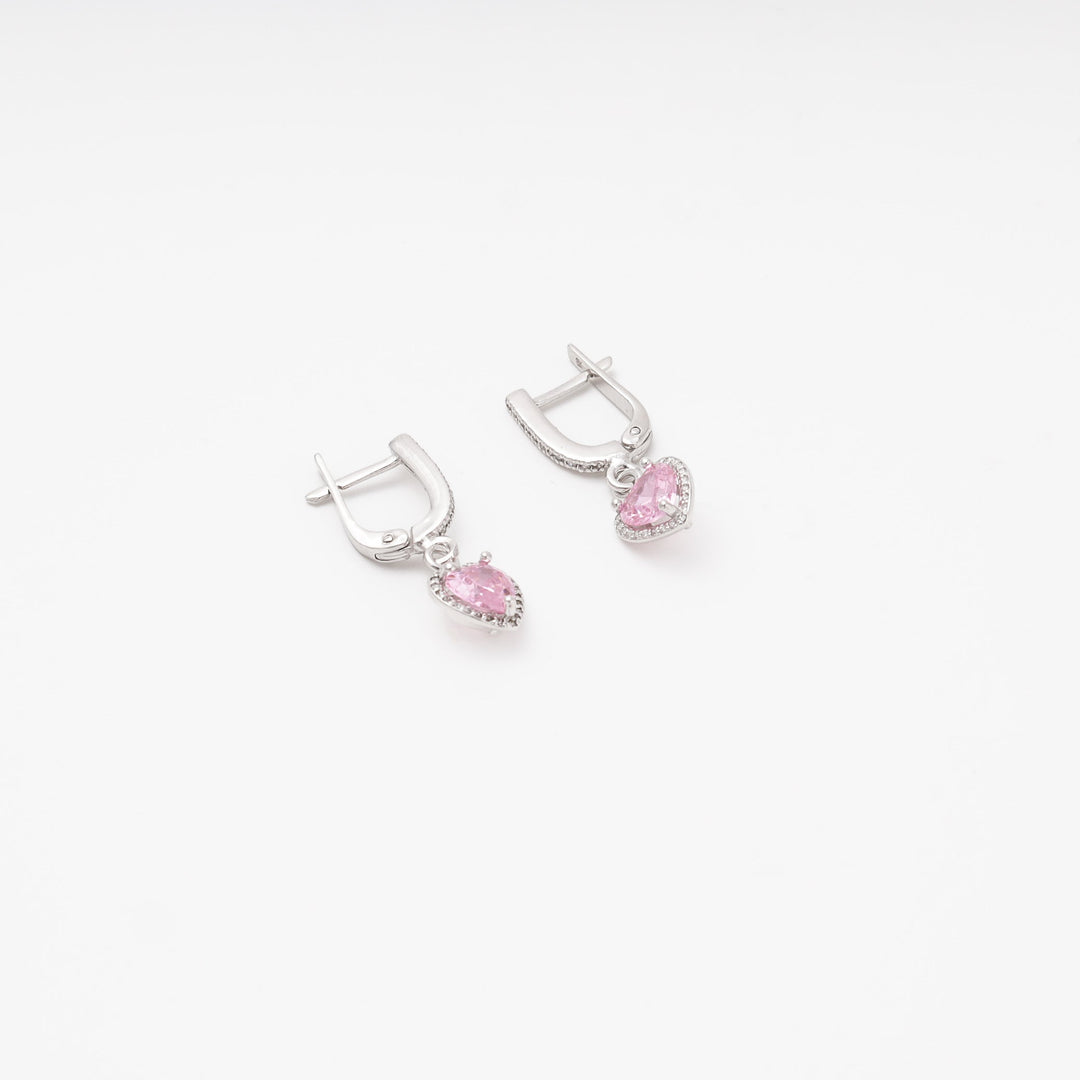 Silver 925 Drop Earrings with Pink CZ Heart Pendant | Ukrainian Jewelry