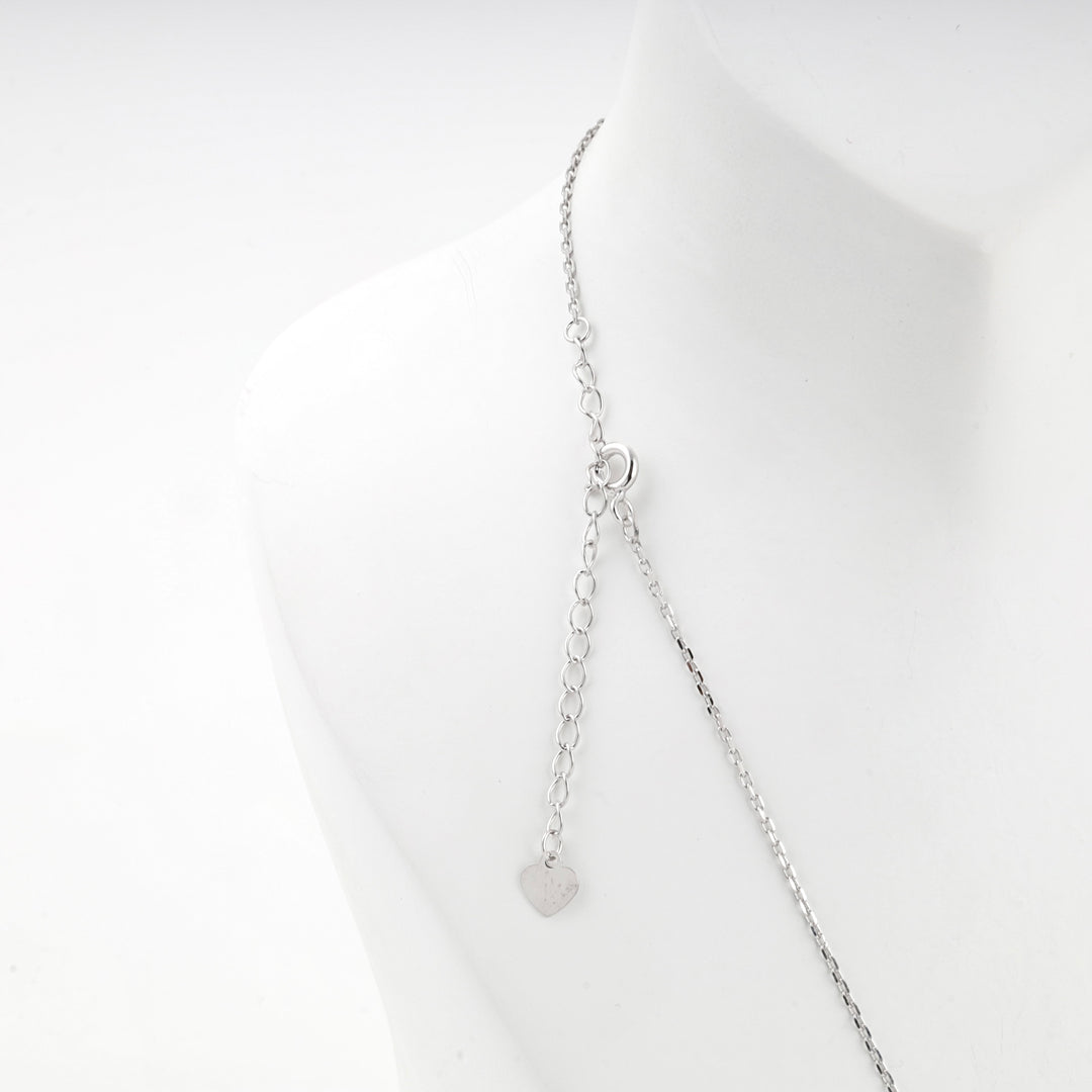 Back of the Y necklace showing the clasp, extender chain and heart tag